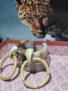 Zara Ivory Marbled Resin Cuff Bracelet with Beige Hoop Accent